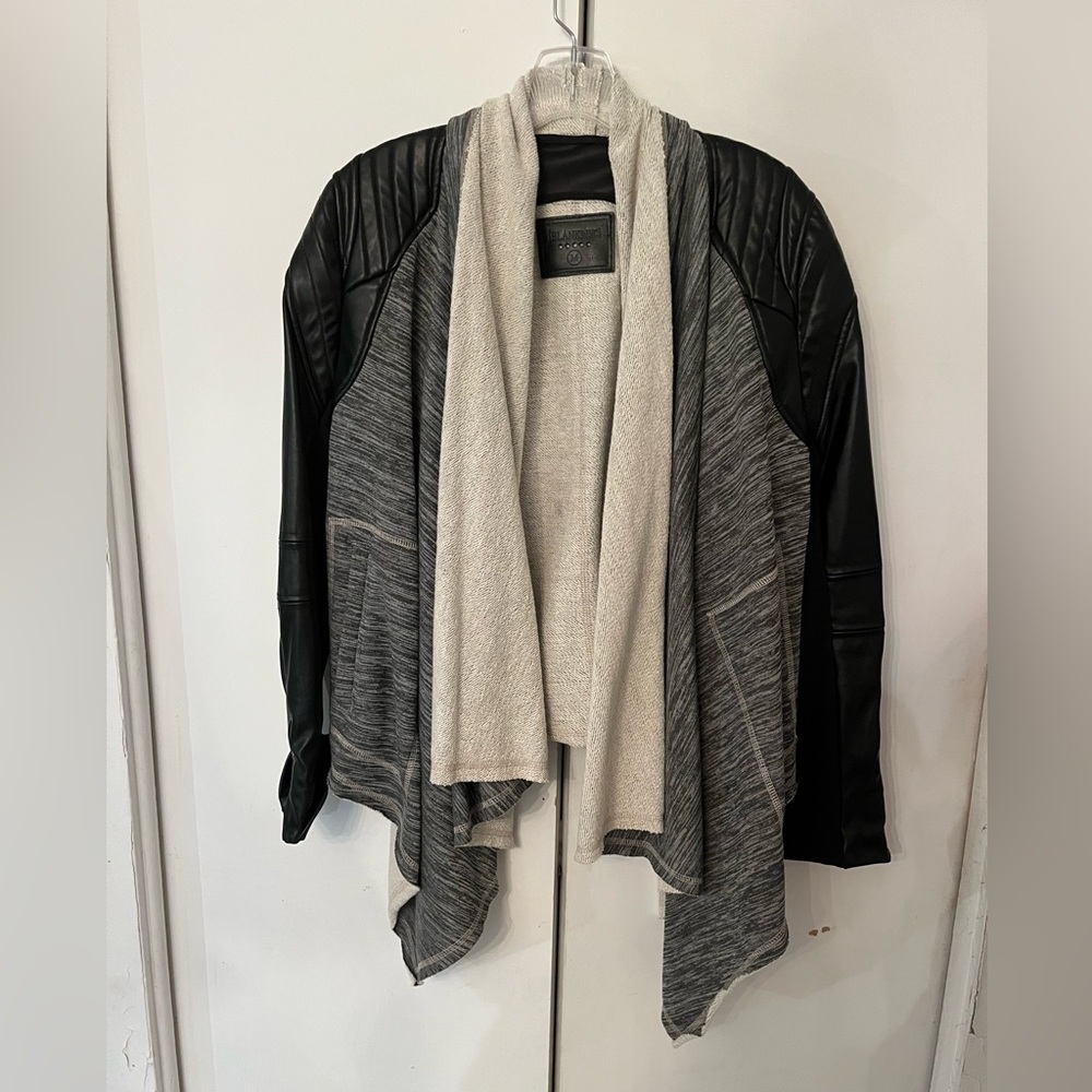 Blank NYC black and white draped jacket with faux leather sleeves